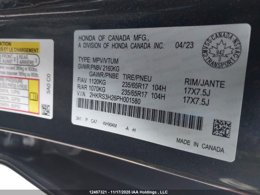 2023 Honda Cr-V Lx VIN: 2HKRS3H26PH001580 Lot: 12457321