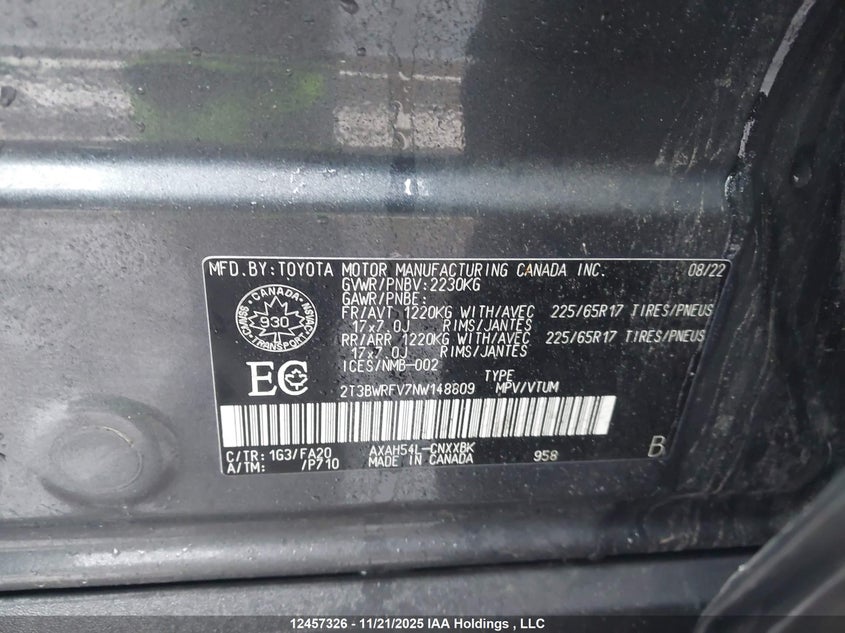 2022 Toyota Rav4 VIN: 2T3BWRFV7NW148809 Lot: 12457326