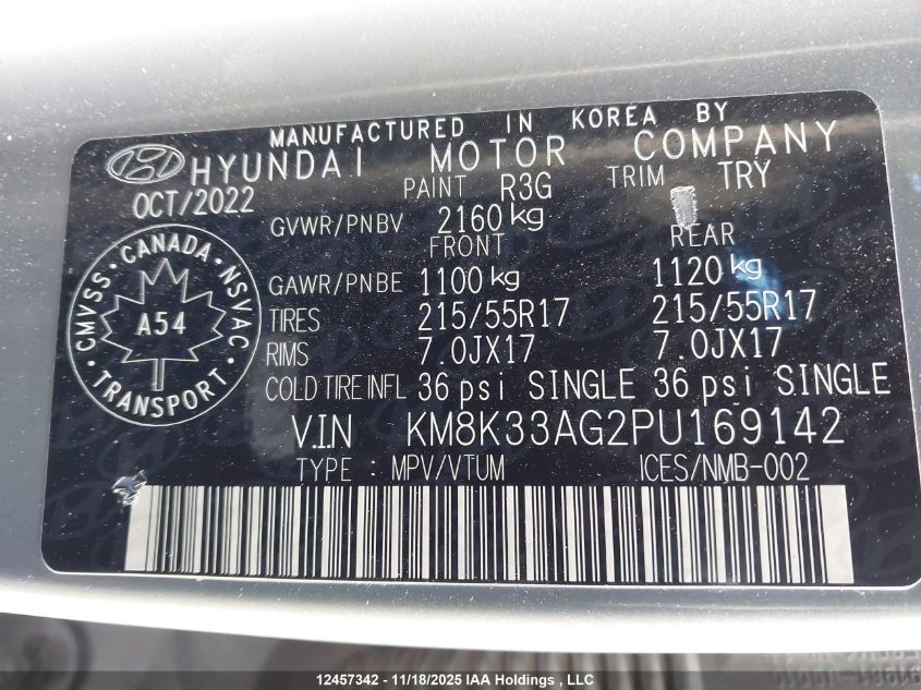 2023 Hyundai Kona Sel VIN: KM8K33AG2PU169142 Lot: 12457342