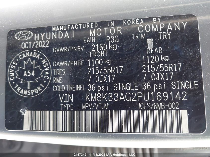 2023 Hyundai Kona Sel VIN: KM8K33AG2PU169142 Lot: 12457342