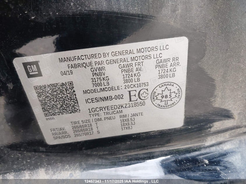1GCRYEED2KZ318550 2019 CHEVROLET SILVERADO photo no. 9