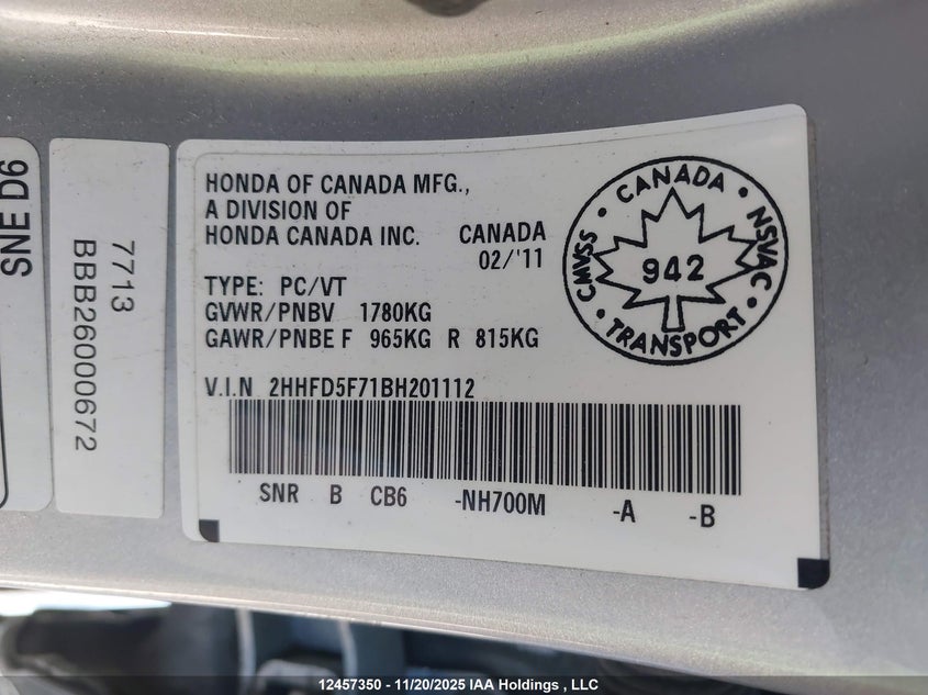 2011 Acura Csx Technology VIN: 2HHFD5F71BH201112 Lot: 12457350