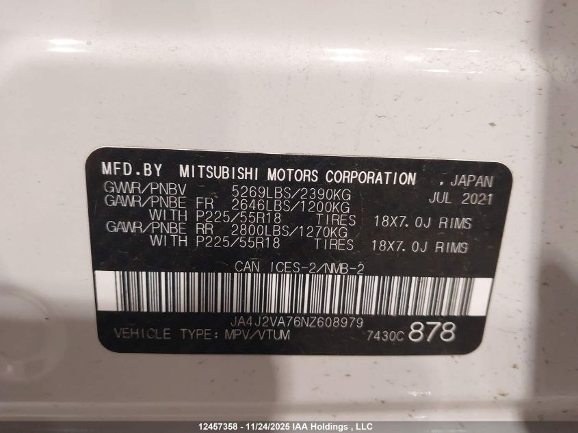 2022 Mitsubishi Outlander Sel/Le/Gt VIN: JA4J2VA76NZ608979 Lot: 12457358