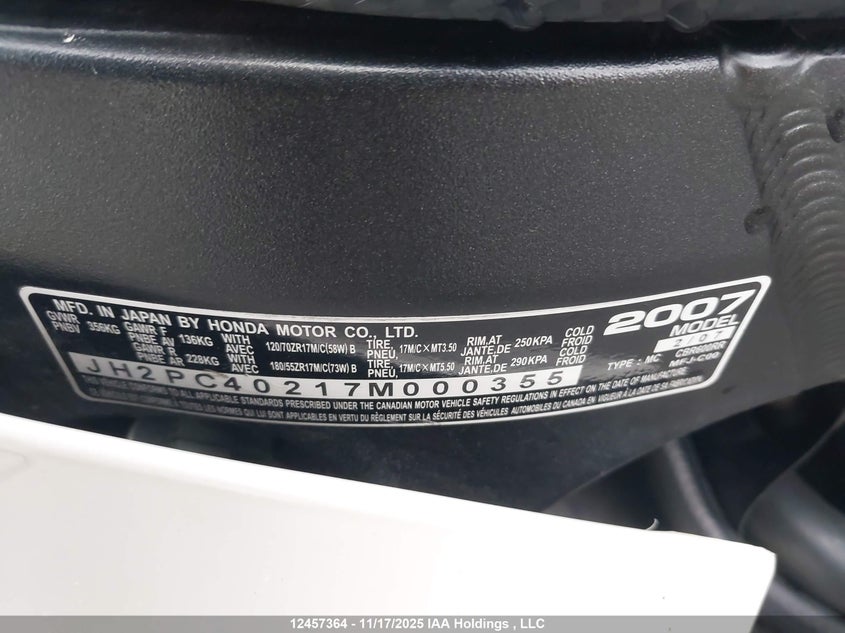JH2PC40217M000355 2007 HONDA CBR photo no. 10
