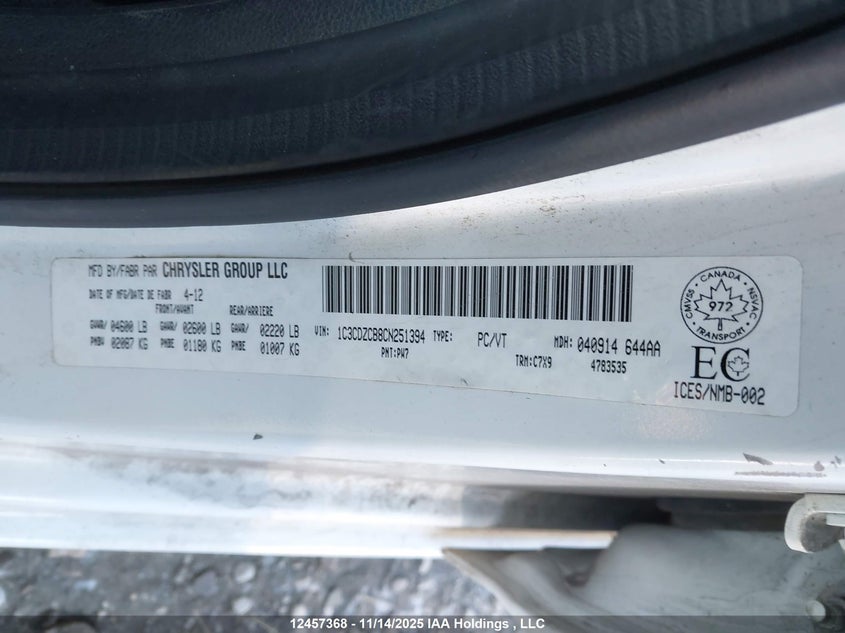 2012 Dodge Avenger Sxt VIN: 1C3CDZCB8CN251394 Lot: 12457368