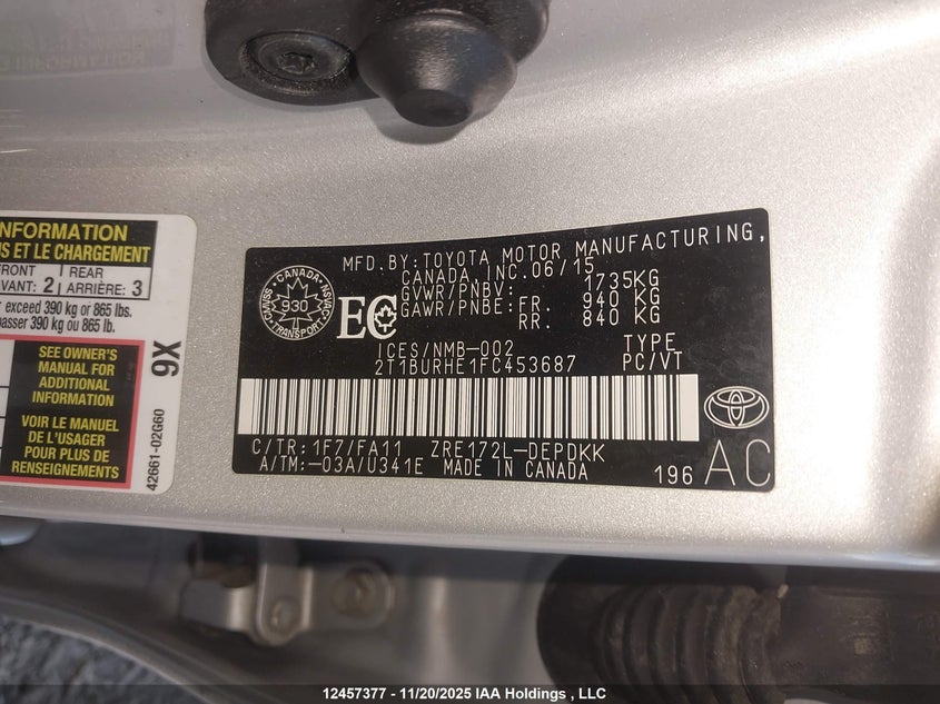 2015 Toyota Corolla VIN: 2T1BURHE1FC453687 Lot: 12457377