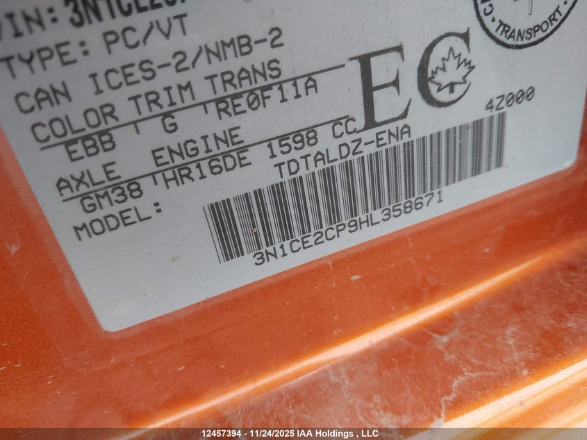 2017 Nissan Versa Note 1.6 S/1.6 Sl/1.6 Sr/1.6 Sv VIN: 3N1CE2CP9HL358671 Lot: 12457394