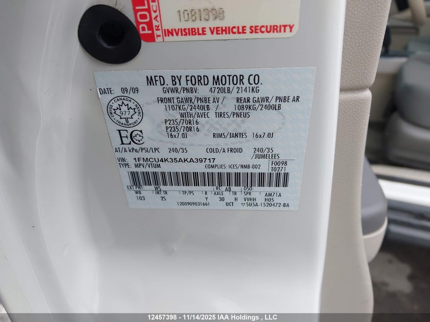 1FMCU4K35AKA39717 2010 FORD ESCAPE photo no. 9