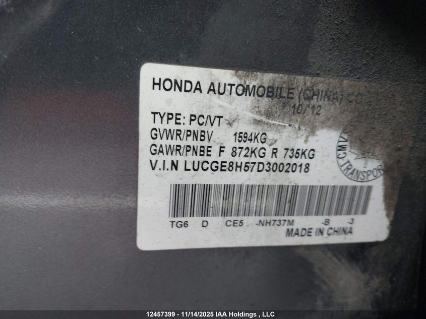 2013 Honda Fit VIN: LUCGE8H57D3002018 Lot: 12457399