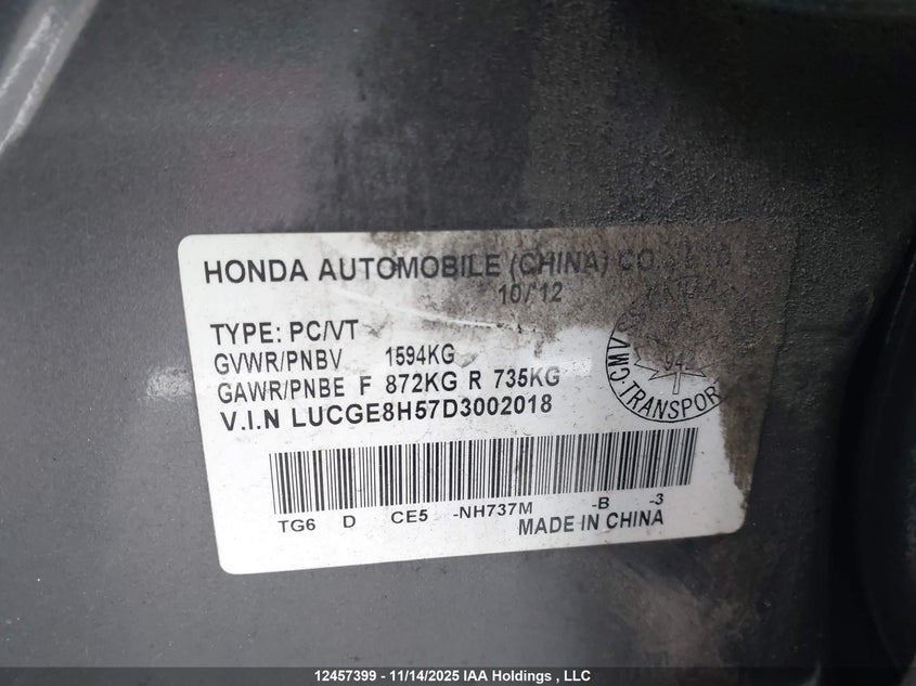 2013 Honda Fit VIN: LUCGE8H57D3002018 Lot: 12457399