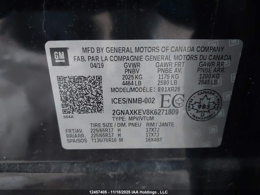 2GNAXKEV8K6271809 2019 CHEVROLET EQUINOX photo no. 9