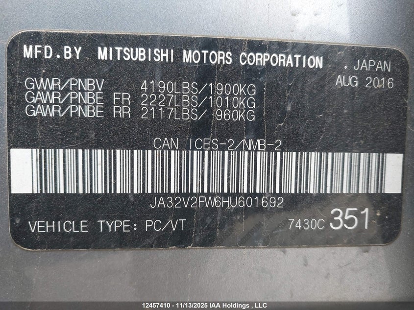 2017 Mitsubishi Lancer Es/Se/Sel VIN: JA32V2FW6HU601692 Lot: 12457410