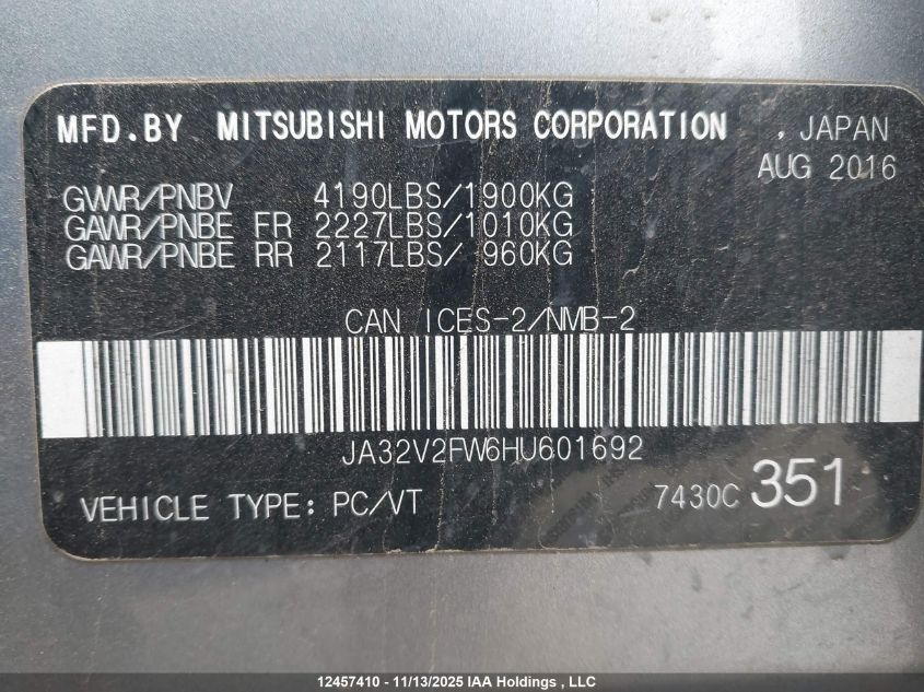 2017 Mitsubishi Lancer Es/Se/Sel VIN: JA32V2FW6HU601692 Lot: 12457410