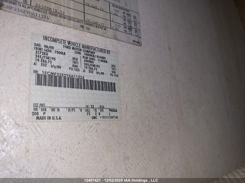 2000 Ford F550 Super Duty Stripped Chass VIN: 1FCMF53S2Y0A11524 Lot: 12457421