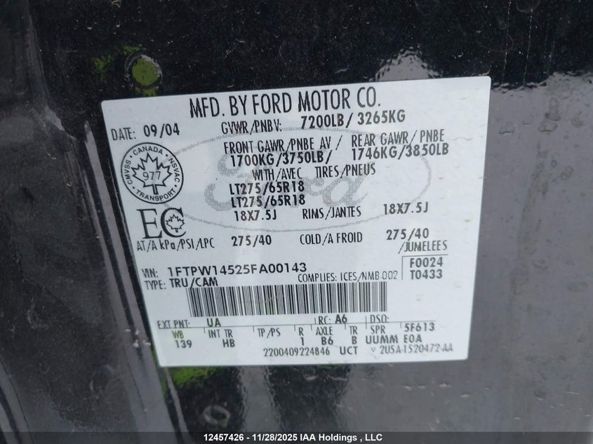 2005 Ford F150 Supercrew VIN: 1FTPW14525FA00143 Lot: 12457426