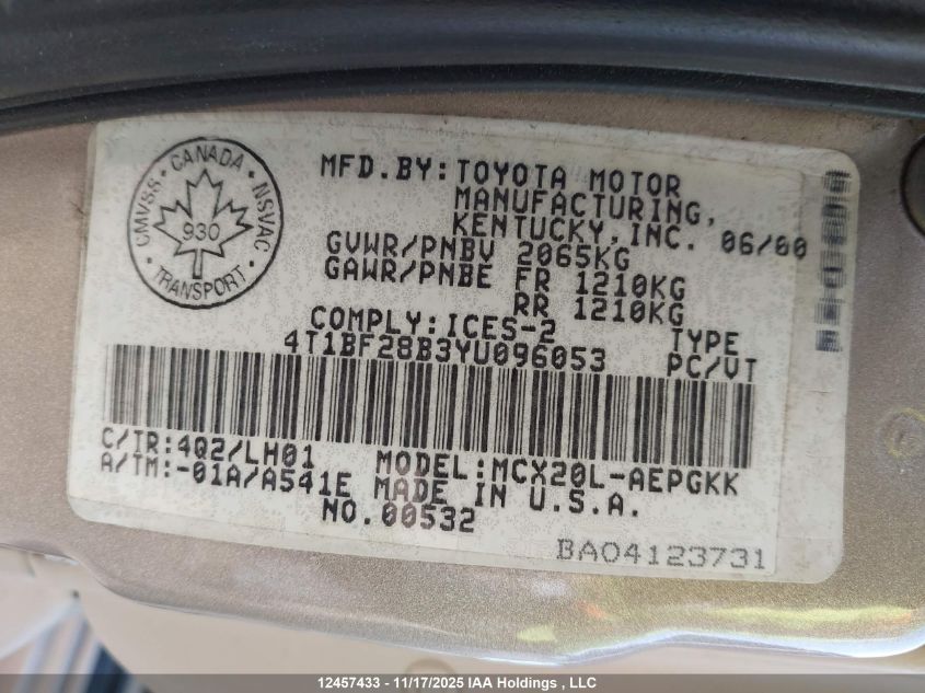 2000 Toyota Avalon Xl/Xls VIN: 4T1BF28B3YU096053 Lot: 12457433