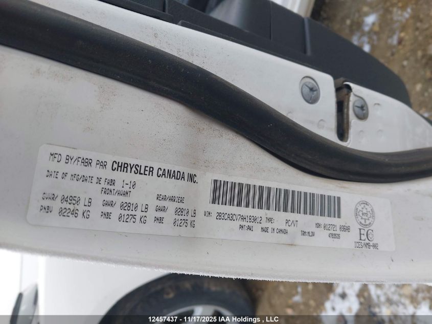 2010 Dodge Charger Sxt VIN: 2B3CA3CV7AH183012 Lot: 12457437