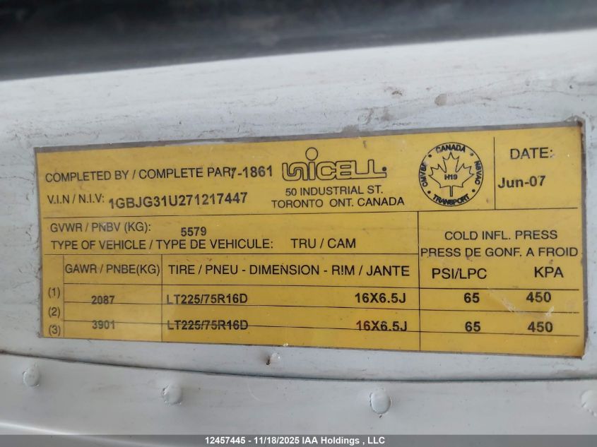 2007 Chevrolet Express G3500 VIN: 1GBJG31U271217447 Lot: 12457445