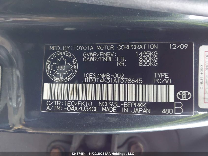 2010 Toyota Yaris VIN: JTDBT4K31A1378645 Lot: 12457454