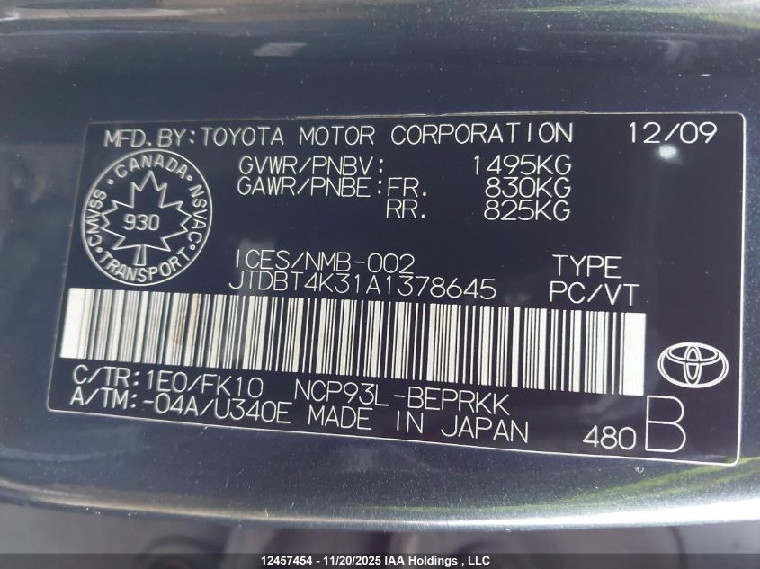 2010 Toyota Yaris VIN: JTDBT4K31A1378645 Lot: 12457454