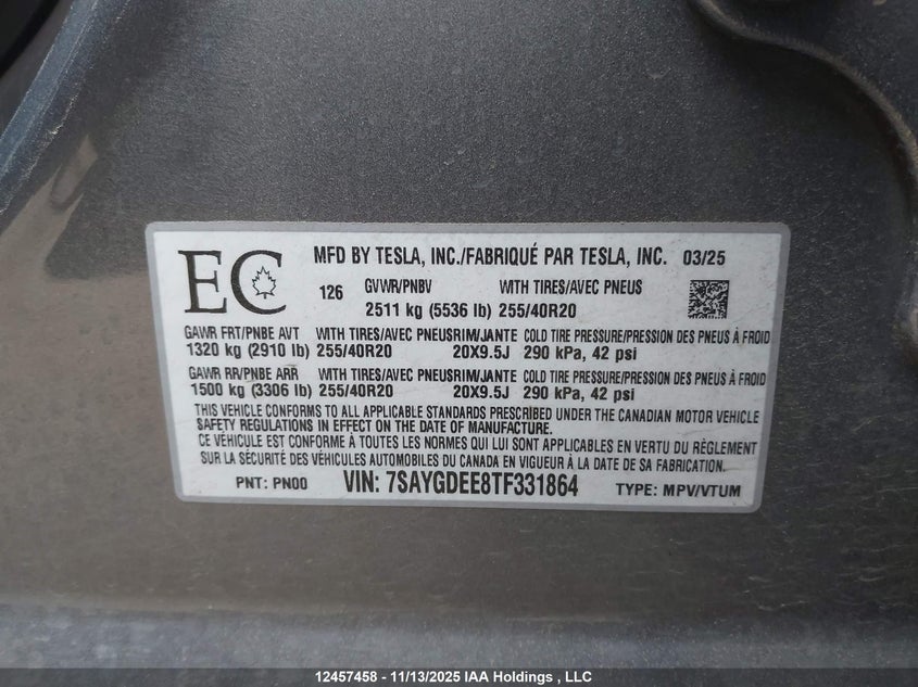 7SAYGDEE8TF331864 2026 TESLA MODEL Y photo no. 9