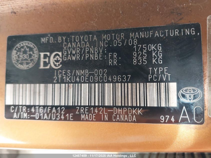 2009 Toyota Matrix Wagon VIN: 2T1KU40E09C049637 Lot: 12457459