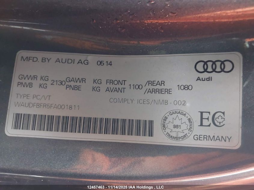 2015 Audi A5 Progressiv VIN: WAUDFBFR5FA001811 Lot: 12457463