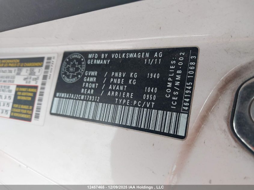 2012 Volkswagen Golf VIN: WVWBA7AJ2CW179312 Lot: 12457465