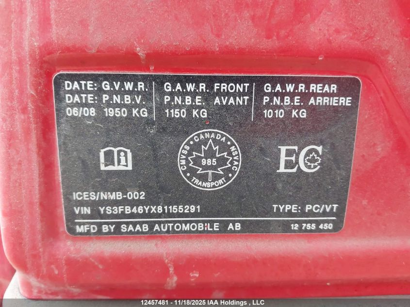 2008 Saab 9-3 Sport VIN: YS3FB46YX81155291 Lot: 12457481