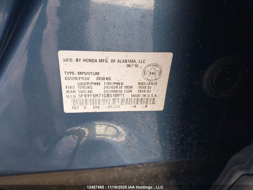 2016 Honda Pilot Ex-L Navi VIN: 5FNYF6H71GB510021 Lot: 12457485