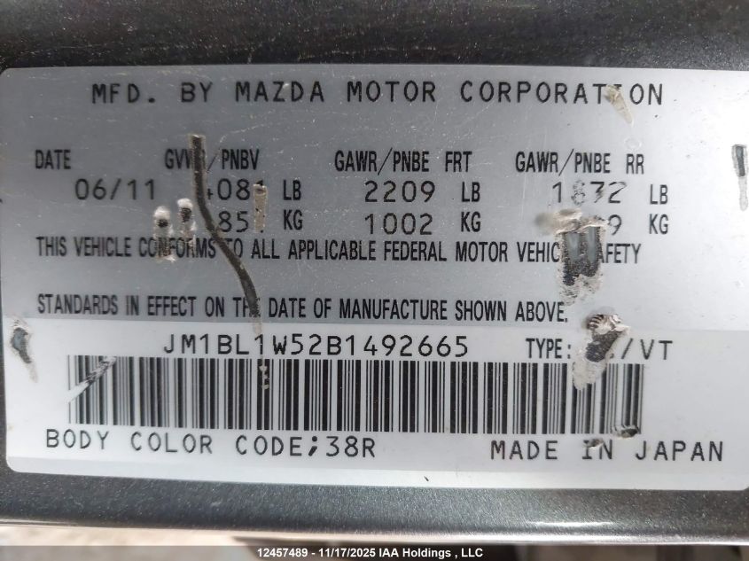 2011 Mazda Mazda3 Gt VIN: JM1BL1W52B1492665 Lot: 12457489