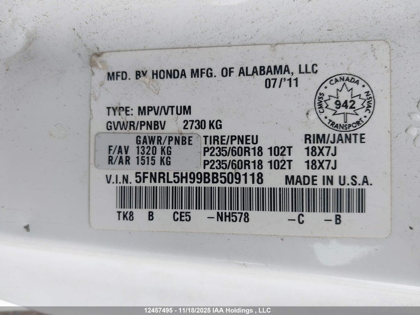5FNRL5H99BB509118 2011 HONDA ODYSSEY photo no. 9