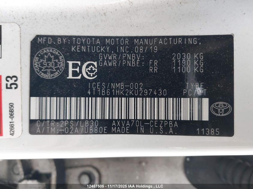 2019 Toyota Camry Xse VIN: 4T1B61HK2KU297430 Lot: 12457505