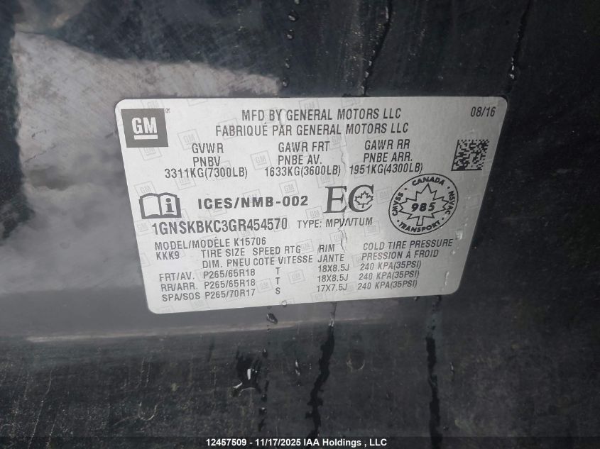 2016 Chevrolet Tahoe VIN: 1GNSKBKC3GR454570 Lot: 12457509
