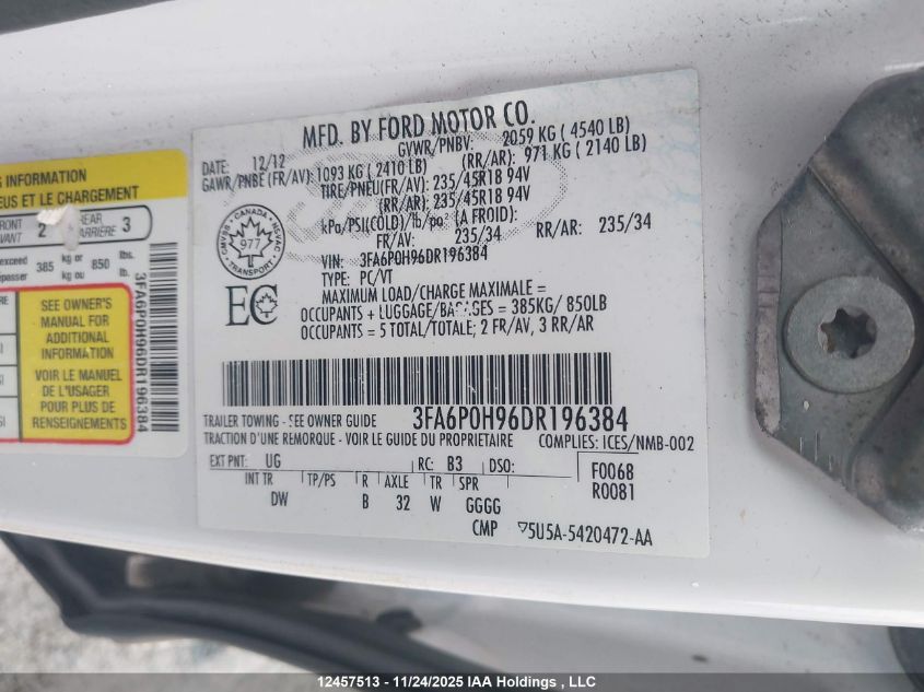 2013 Ford Fusion Se VIN: 3FA6P0H96DR196384 Lot: 12457513