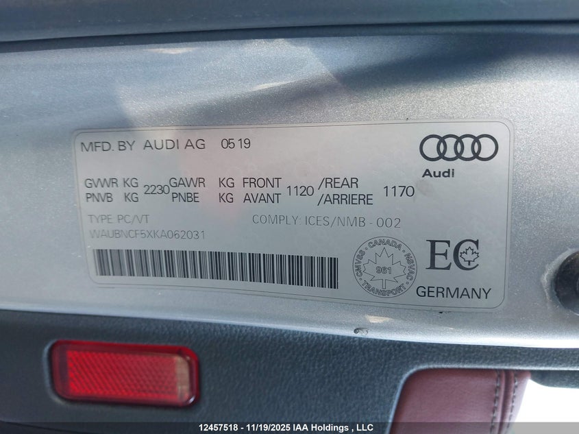 2019 Audi A5 Sportback VIN: WAUBNCF5XKA062031 Lot: 12457518