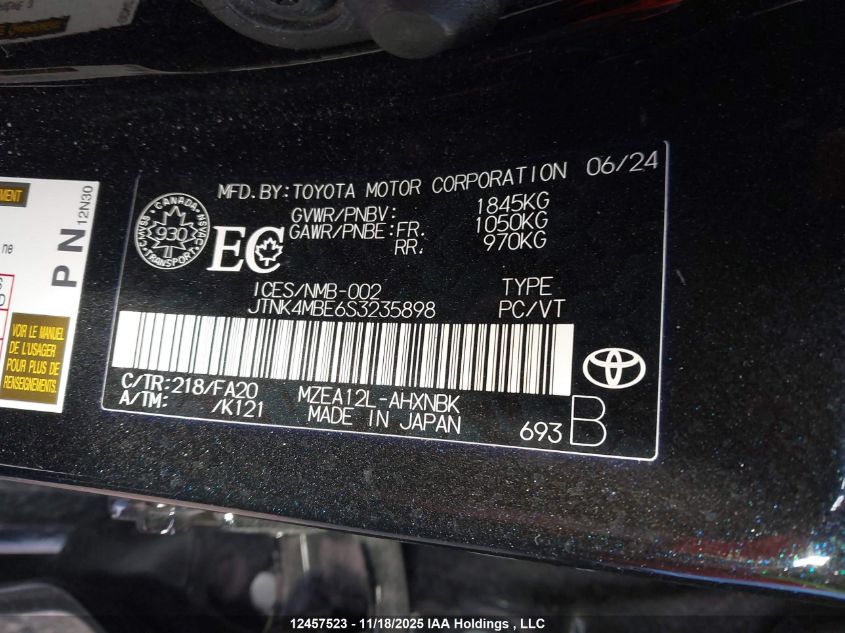 2025 Toyota Corolla N VIN: JTNK4MBE6S3235898 Lot: 12457523