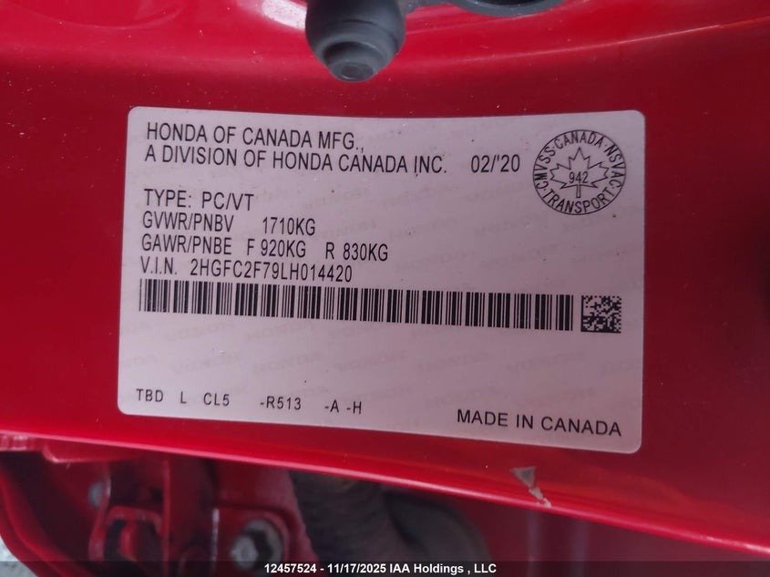 2020 Honda Civic VIN: 2HGFC2F79LH014420 Lot: 12457524