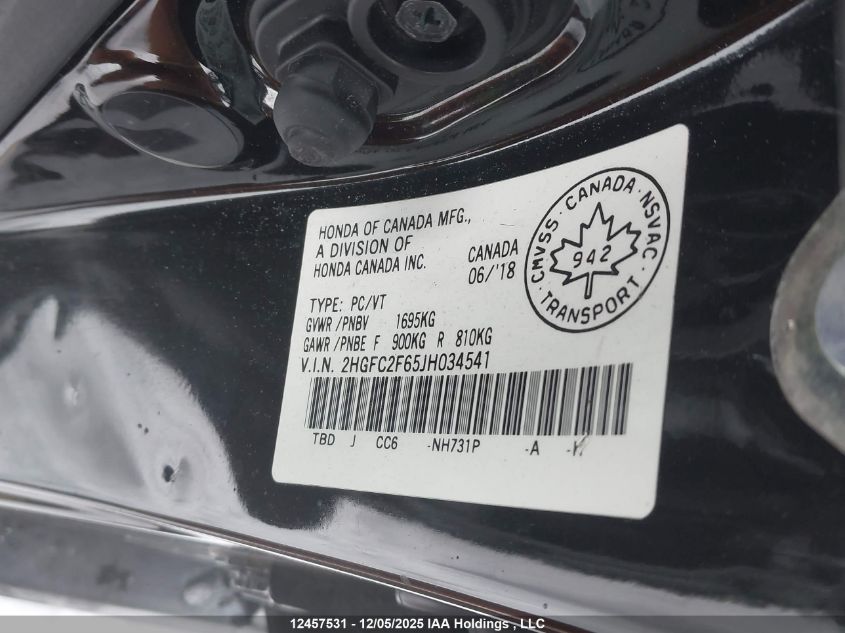 2018 Honda Civic Se VIN: 2HGFC2F65JH034541 Lot: 12457531