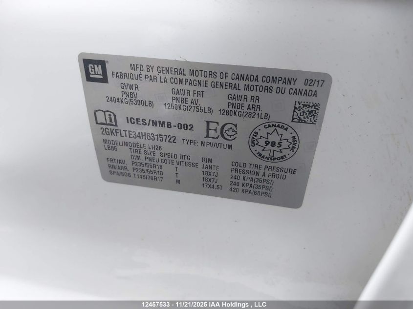2017 GMC Terrain Sle-2 VIN: 2GKFLTE34H6315722 Lot: 12457533