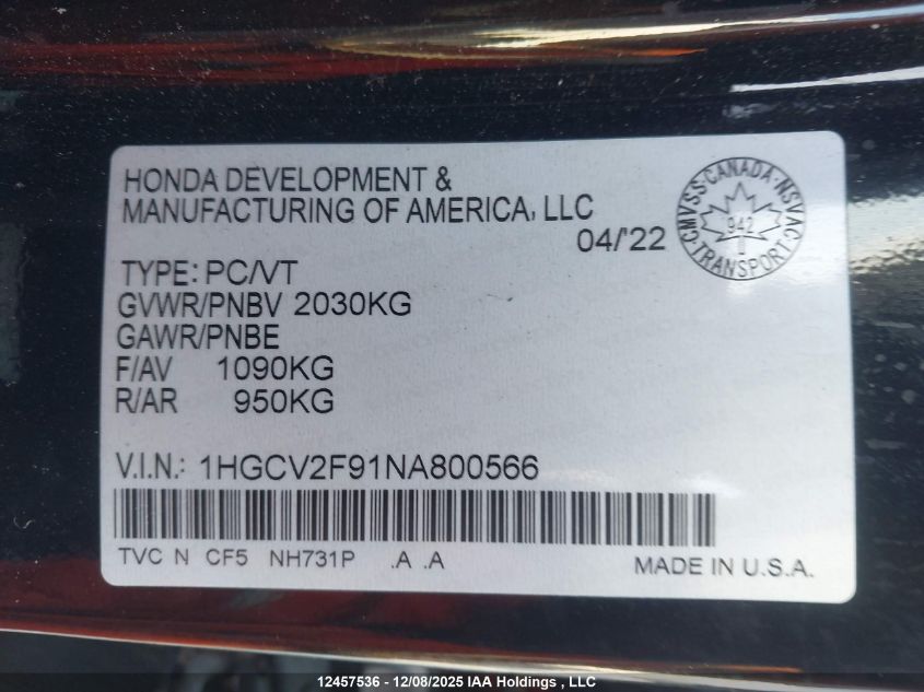 2022 Honda Accord Touring 2.0T VIN: 1HGCV2F91NA800566 Lot: 12457536