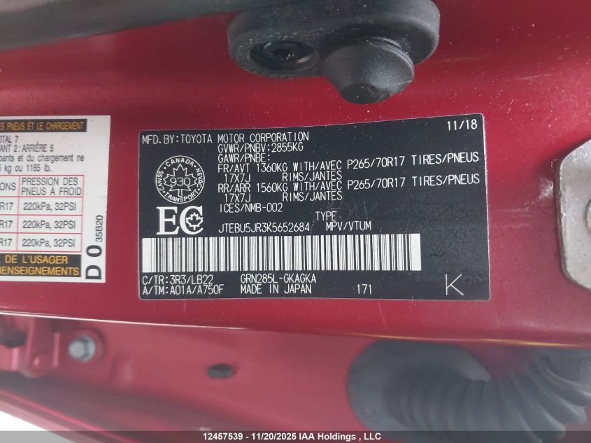 2019 Toyota 4Runner Sr5 VIN: JTEBU5JR3K5652684 Lot: 12457539