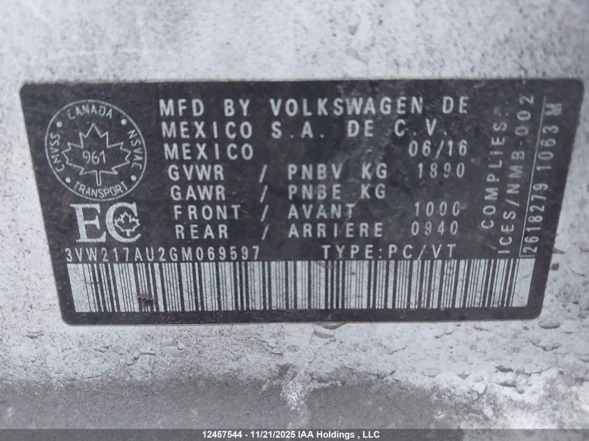 2016 Volkswagen Golf 1.8 Tsi Comfortline/1.8 Tsi Highline/1.8 Tsi Trendline VIN: 3VW217AU2GM069597 Lot: 12457544
