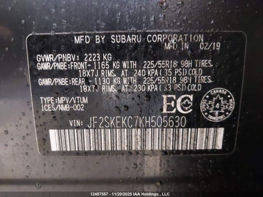 2019 Subaru Forester Sport VIN: JF2SKEKC7KH505630 Lot: 12457557
