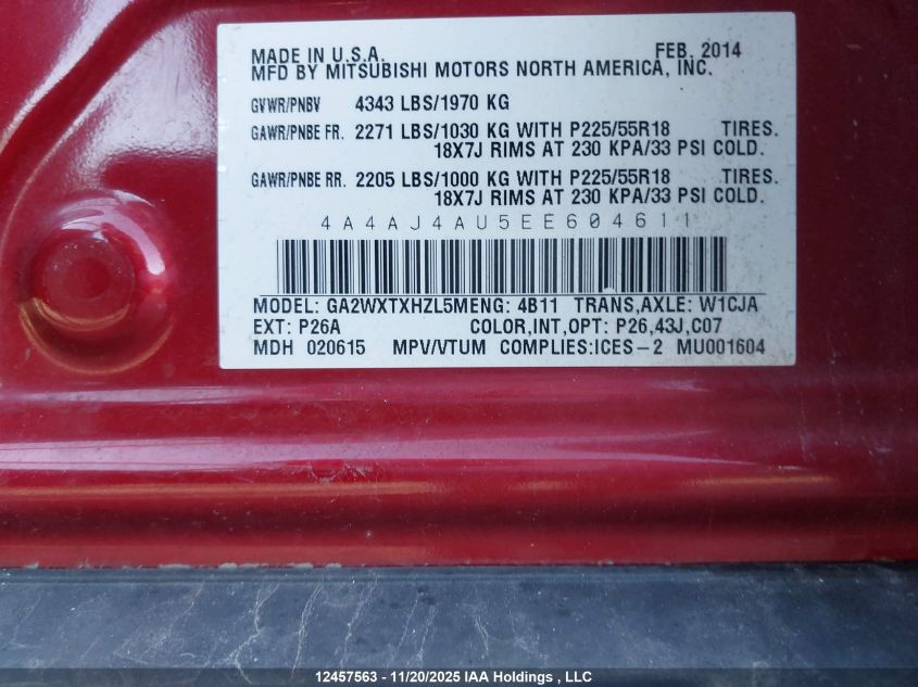 2014 Mitsubishi Rvr Gt VIN: 4A4AJ4AU5EE604611 Lot: 12457563