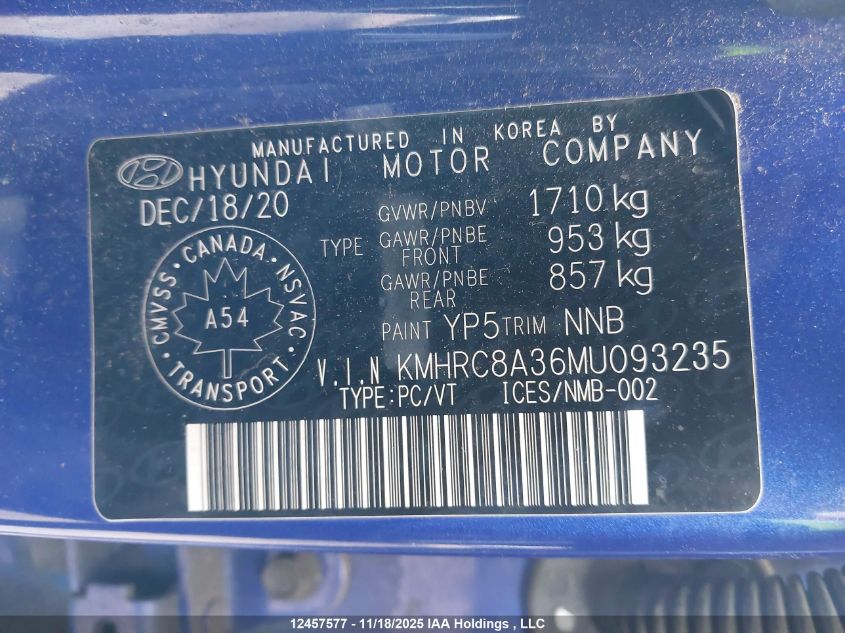 2021 Hyundai Venue Sel/Denim VIN: KMHRC8A36MU093235 Lot: 12457577