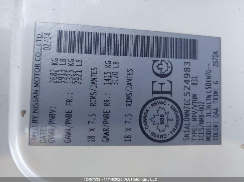 2014 Infiniti Qx60 VIN: 5N1AL0MM7EC524983 Lot: 12457592