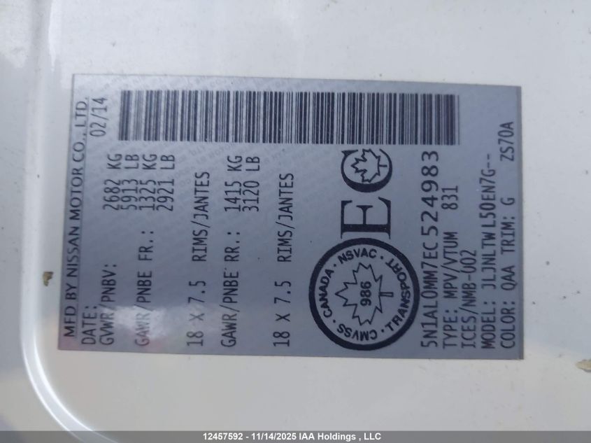 2014 Infiniti Qx60 VIN: 5N1AL0MM7EC524983 Lot: 12457592