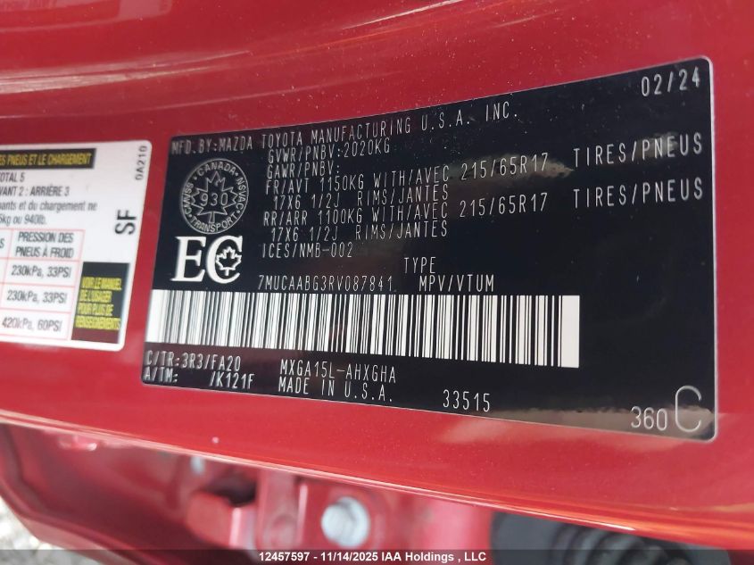 2024 Toyota Corolla Cross Le VIN: 7MUCAABG3RV087841 Lot: 12457597