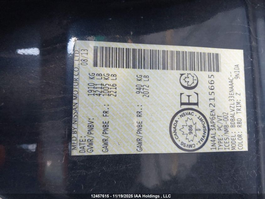 2014 Nissan Altima 2.5/2.5 S/2.5 Sl/2.5 Sv VIN: 1N4AL3AP6EN215665 Lot: 12457615